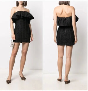 Self-Portrait Strapless Swiss Dot Mash Frill Mini Cocktail Dress Black